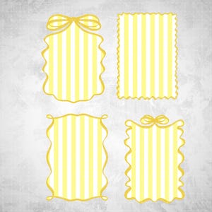 May include: Four decorative frames with yellow and white vertical stripes. Each frame has a unique shape, with scalloped edges or a bow detail. The frames are outlined in gold and set against a textured gray background.