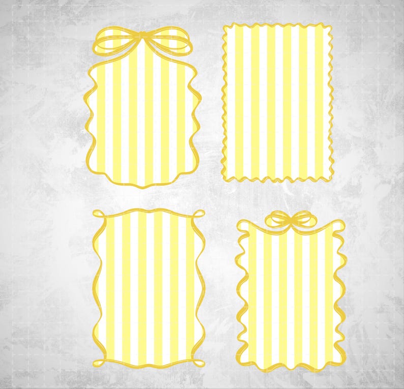 May include: Four decorative frames with yellow and white vertical stripes. Each frame has a unique shape, with scalloped edges or a bow detail. The frames are outlined in gold and set against a textured gray background.