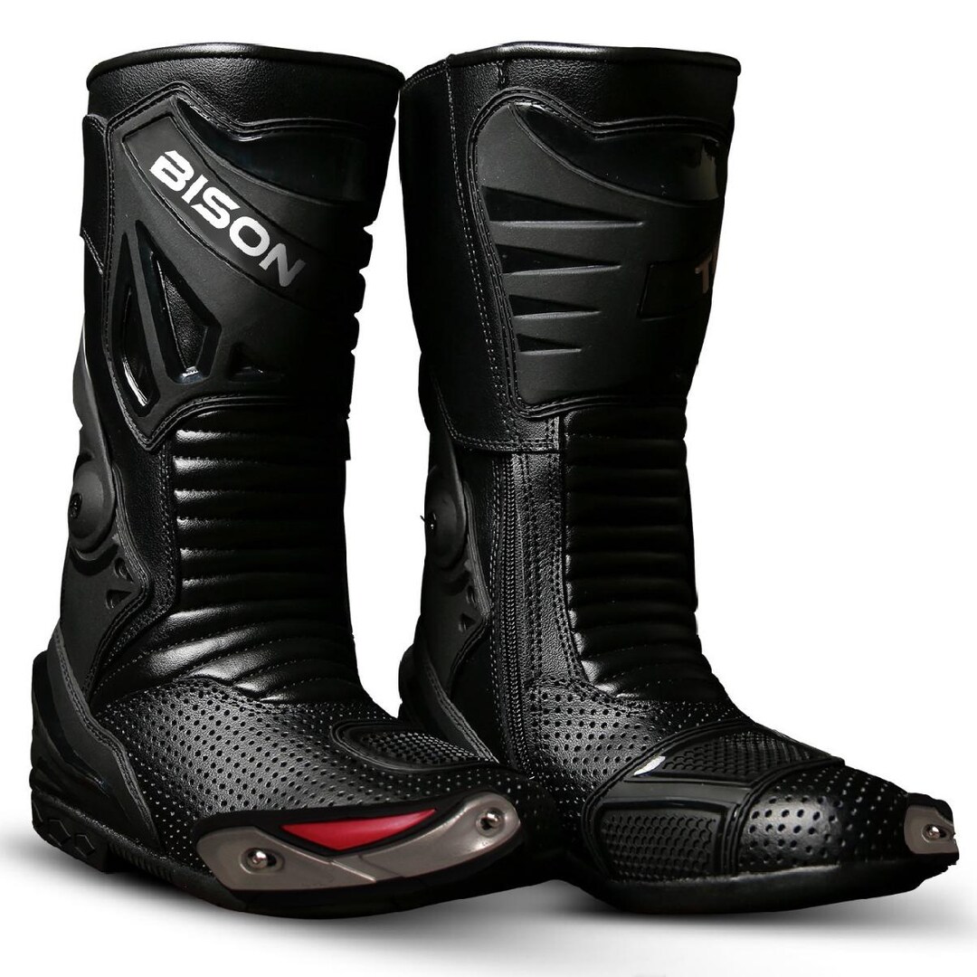 Bison Riding Gears Bison Ride Men's Motorcycle Boots, Black Leather Racing Biker Shoes ...