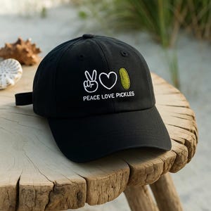 Peace Love Pickles Embroidered Hat – Funny Pickle Lover Wash Cap, 2-Tone Cap or Baseball Hat, Cute Embroidery Gift for Pickle Fans