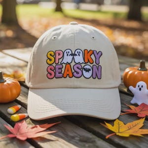 Spooky Season Embroidered Hat – Halloween Ghost Design on Wash Cap, Baseball Cap, or 2-Tone Cap – Cute Fall Gift & Festive Headwear