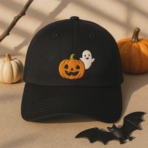 Cute Halloween Ghost and Pumpkin Embroidered Hat, Spooky Season Wash Cap or Baseball Cap, Fun Trick or Treat Hat Gift for October Fall