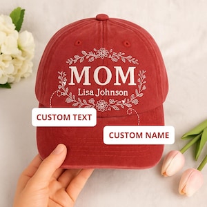 Custom Embroidered MOM Hat with Name – Personalized Floral Baseball Cap for Mom, Mother’s Day Gift, Custom Text Option Available, Family Hat