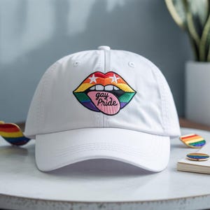 Gay Pride Rainbow Lips Embroidered Hat – LGBTQ+ Washed Dad Hat or Baseball Cap – Queer Streetwear Gift for Pride Month & Allies