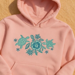 Turtle and Hibiscus Embroidered Hoodie – Floral Beach Sweatshirt or T-Shirt with Tropical Ocean Vibes – Cute Coastal Gift Idea