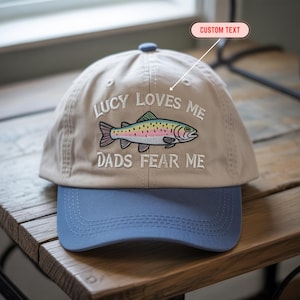 Custom &quot;Dad Fear Me&quot; Embroidered Fishing Hat – Funny Personalized Cap with Trout Fish Design – Cool Gift for Boyfriends or Fishermen