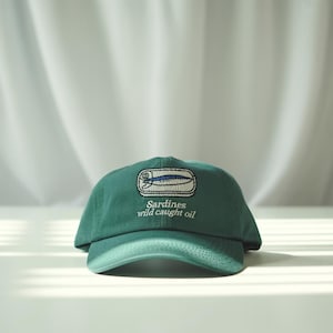 Embroidered Sardine Can Hat – Funny Fish Baseball Cap, Wild Caught Oil Dad Hat, Vintage Seafood Wash Cap, Coastal Gift for Foodies