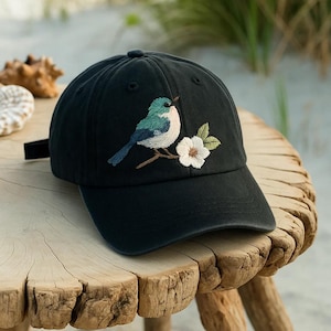 Embroidered Bird Baseball Cap, Floral Nature Wash Dad Hat, Adjustable 2-Tone Cap, Gift for Bird Lover, Botanical Embroidery Hat