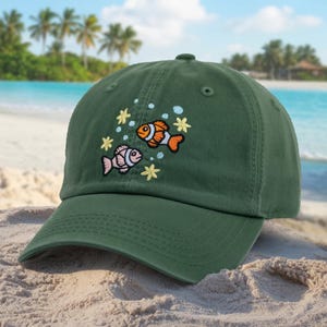 Tropical Fish Embroidered Cap – Cute Ocean-Themed Wash Cap, Baseball Hat, or 2-Tone Cap with Clownfish Design for Beach Lovers