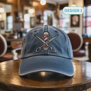 Barber Embroidered Hat for Men, Hair Stylist Cap with Scissors & Pole, Barber Shop Wash Cap or Baseball Hat Gift, 2 Designs Available
