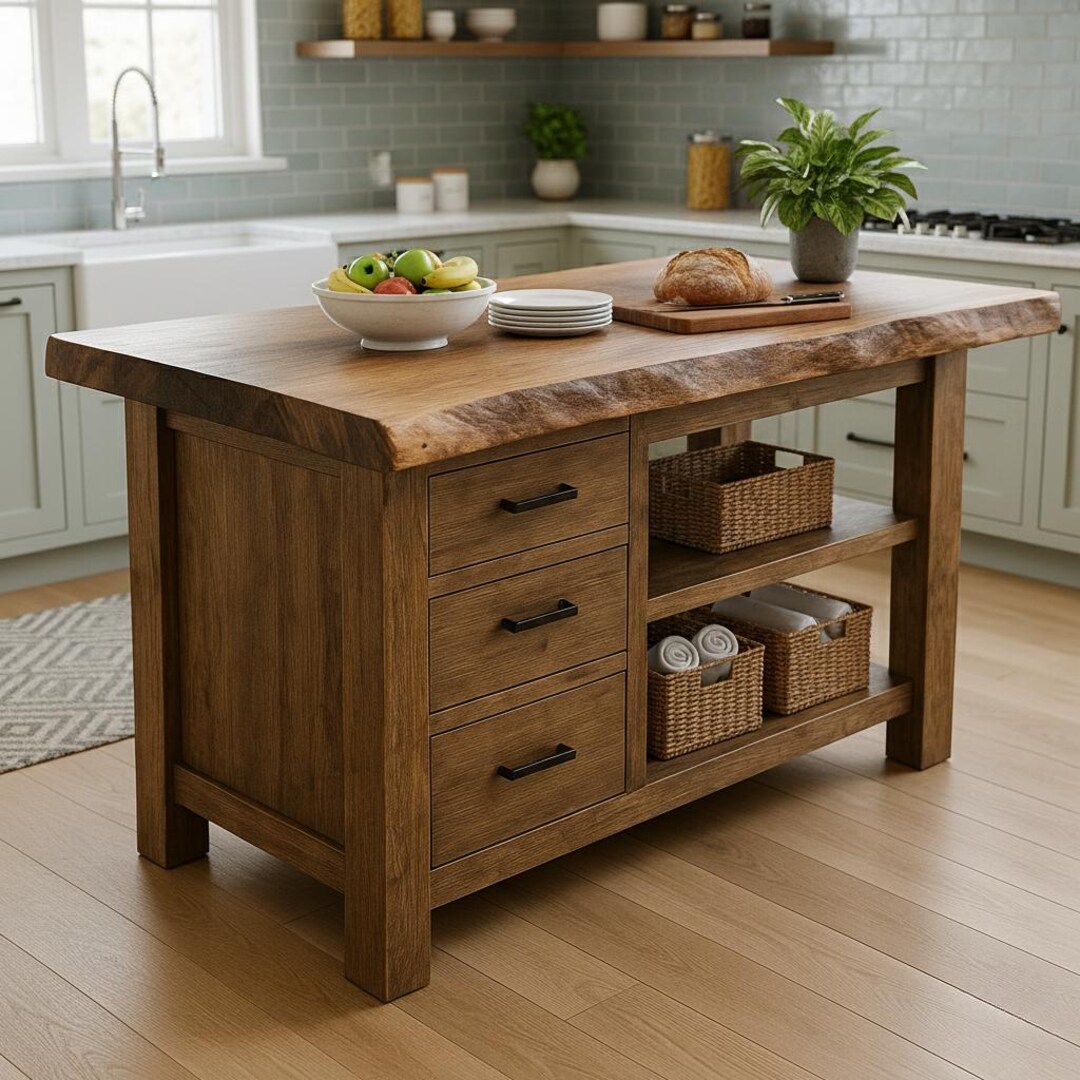 Handcrafted Solid Wood Kitchen Island – Rustic Counter With Live Edge ...