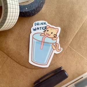 Boire de l'eau pour chat | Cadeaux chat, Sticker eau potable, Sticker mignon, Soins personnels, Hydrater, Sticker vinyle brillant