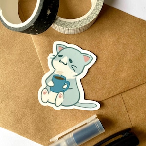 Adesivo de gato de café | Gato aconchegante, amante de café, amante de gatos, presente para donos de gatos, adesivo de vinil brilhante