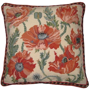 May include: Square decorative pillow featuring a needlepoint design of vibrant red poppies with green leaves and stems against a cream background. The pillow has a dark red border.
