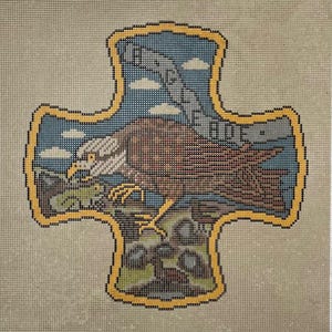May include: Needlepoint design featuring an eagle perched on a rock formation, set against a blue sky with clouds. The eagle is brown and white, with yellow talons. The design is framed in a yellow border and includes the text "EAGLE RIDE".