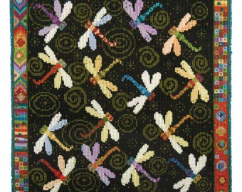 Dragonfly Dance 10hpi needlepoint kit including wool, colour printed canvas and beads