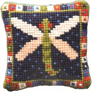 Dragonfly Pincushion Needlepoint Kit, including wool, printed canvas, wadding and backing