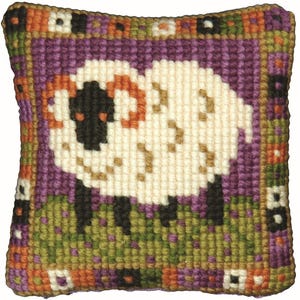 Little Sheep Pincushion Needlepoint Kit, including wool, printed canvas, wadding and backing