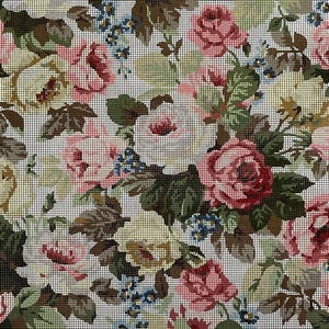 May include: A white fabric with a floral pattern featuring pink, white, and yellow roses with green leaves. The fabric has a textured, woven appearance.