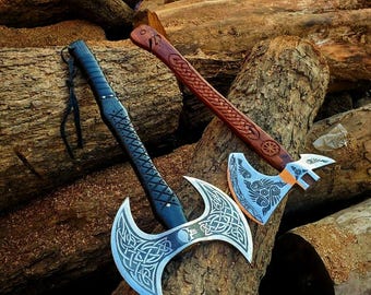 Wikinger Doppelaxt | Handgeschmiedete Stahl Bartaxt | Einzigartige Doppelklinge Wikinger Axt | Perfektes Geschenk für Ihn | Weihnachtsgeschenk