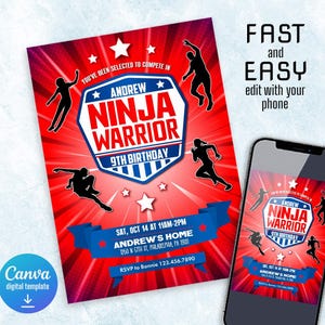 May include: A red and blue Ninja Warrior 9th birthday party invitation with black silhouettes of ninja figures. The invitation includes event details and the text "Fast and Easy edit with your phone."