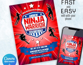 Printable American Ninja Warrior Digital invitation, Warrior Birthday theme, Ninja Birthday, Climbing editable invite, Australian Ninja