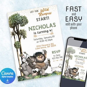 Puede incluir: Una plantilla de invitación digital con el texto "LET THE Wild Rumpus START!" y "¡NICHOLAS cumple 4 años!" con ilustraciones de personajes de cuentos. Incluye detalles de RSVP y una maqueta de teléfono con el diseño.
