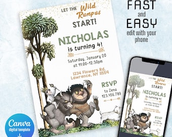 Printable Where The Wild Things Are Birthday Party Invitation, Editable Jungle Adventure Invite template, story book fairytale, boy girl