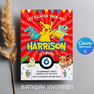 K&ouml;nnte beinhalten: Eine rote, gelbe und gr&uuml;ne Geburtstagseinladung mit Pokemon-Charakteren. Die Einladung lautet "Let's Catch Them All!" und "Harrison wird 6 Jahre alt".