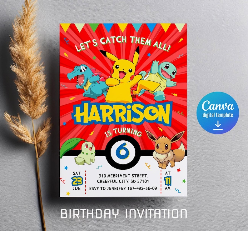 K&ouml;nnte beinhalten: Eine rote, gelbe und gr&uuml;ne Geburtstagseinladung mit Pokemon-Charakteren. Die Einladung lautet "Let's Catch Them All!" und "Harrison wird 6 Jahre alt".