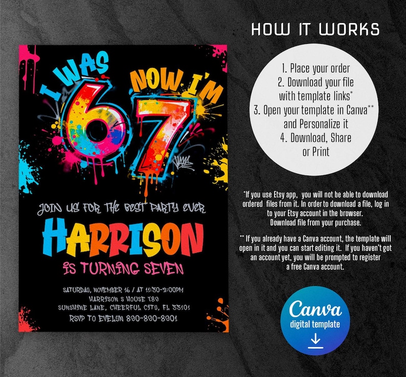 K&ouml;nnte beinhalten: Eine schwarze digitale Einladung mit farbenfrohem Graffiti-Text. Die Einladung lautet "I WAS 6, NOW I'M 7" und ist f&uuml;r Harrisons siebten Geburtstag. Datum, Uhrzeit und Ort sind ebenfalls angegeben.