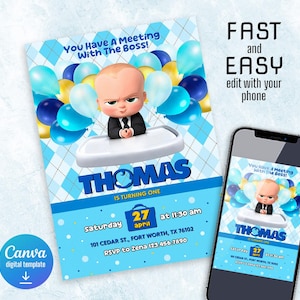 Op de afbeelding: Een digitale uitnodigingssjabloon met een cartoonbaby in een pak, omringd door ballonnen. De uitnodiging is voor een eerste verjaardag, met de naam "Thomas" prominent weergegeven. De tekst "You Have A Meeting With The Boss!" staat bovenaan.