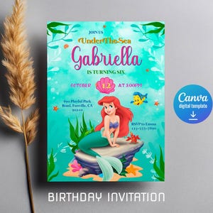 Princess Ariel Birthday invitation, Girl editable invite template, little mermaid printable invitation, under sea party, instant download