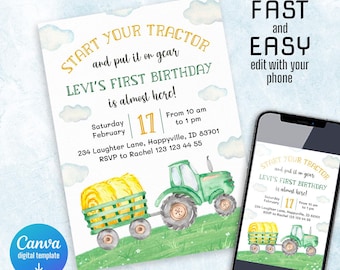 Tractor Birthday Invitation, John Deere Party Invite, Oh Deere 1st 2nd 3rd Birthday, Farm Theme Editable Digital Card for Boys, Printable