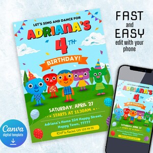 May include: A digital birthday invitation template featuring colorful cartoon characters on a light blue background with green hills. The text reads: LET'S SING AND DANCE FOR ADRIANA'S 4TH BIRTHDAY! SATURDAY, APRIL 27 STARTS AT 11:30AM ADRIANA'S HOME 224 HAPPY STREET.