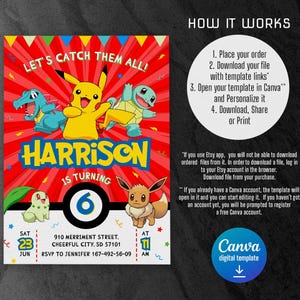 K&ouml;nnte beinhalten: Eine rote, gelbe und gr&uuml;ne Geburtstagseinladung mit Pokemon-Charakteren. Die Einladung lautet "Let's Catch Them All!" und "Harrison wird 6 Jahre alt". Die Einladung enth&auml;lt das Datum, die Uhrzeit und den Ort der Party.