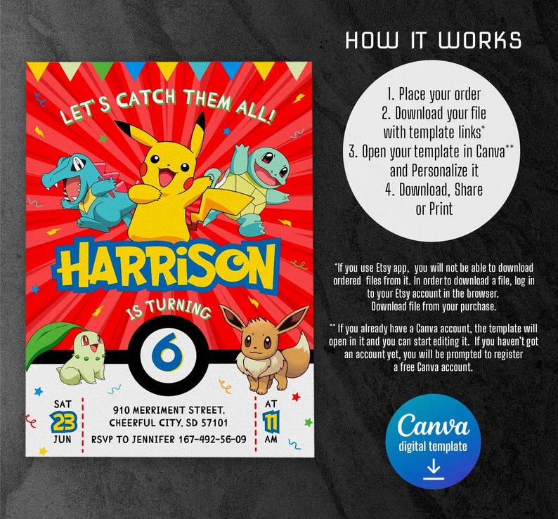 K&ouml;nnte beinhalten: Eine rote, gelbe und gr&uuml;ne Geburtstagseinladung mit Pokemon-Charakteren. Die Einladung lautet "Let's Catch Them All!" und "Harrison wird 6 Jahre alt". Die Einladung enth&auml;lt das Datum, die Uhrzeit und den Ort der Party.