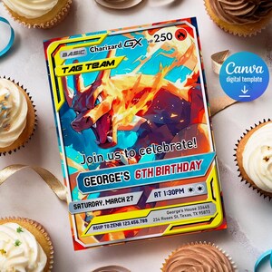 May include: A birthday invitation card featuring a Charizard GX illustration. The card has a yellow and blue border with the text "Join us to celebrate! GEORGE'S 6TH BIRTHDAY". The invitation includes the date, time, and RSVP information. Cupcakes surround the card.
