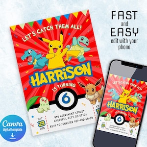 K&ouml;nnte beinhalten: Eine rote und gelbe Pokemon-Geburtstagseinladung mit Pikachu, Squirtle, Bisasam und Evoli. Die Einladung lautet "Let's Catch Them All!" und "Harrison wird 6 Jahre alt".