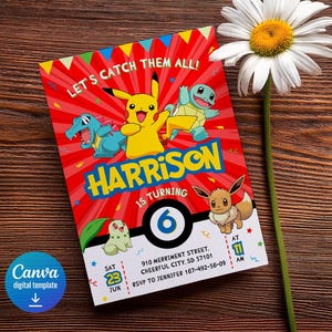 K&ouml;nnte beinhalten: Rote und gelbe Pokemon-Geburtstagseinladung mit einem Pok&eacute;ball und dem Text "Let's Catch Them All!" und "Harrison wird 6 Jahre alt".