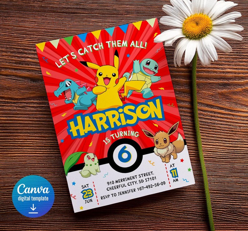 K&ouml;nnte beinhalten: Rote und gelbe Pokemon-Geburtstagseinladung mit einem Pok&eacute;ball und dem Text "Let's Catch Them All!" und "Harrison wird 6 Jahre alt".