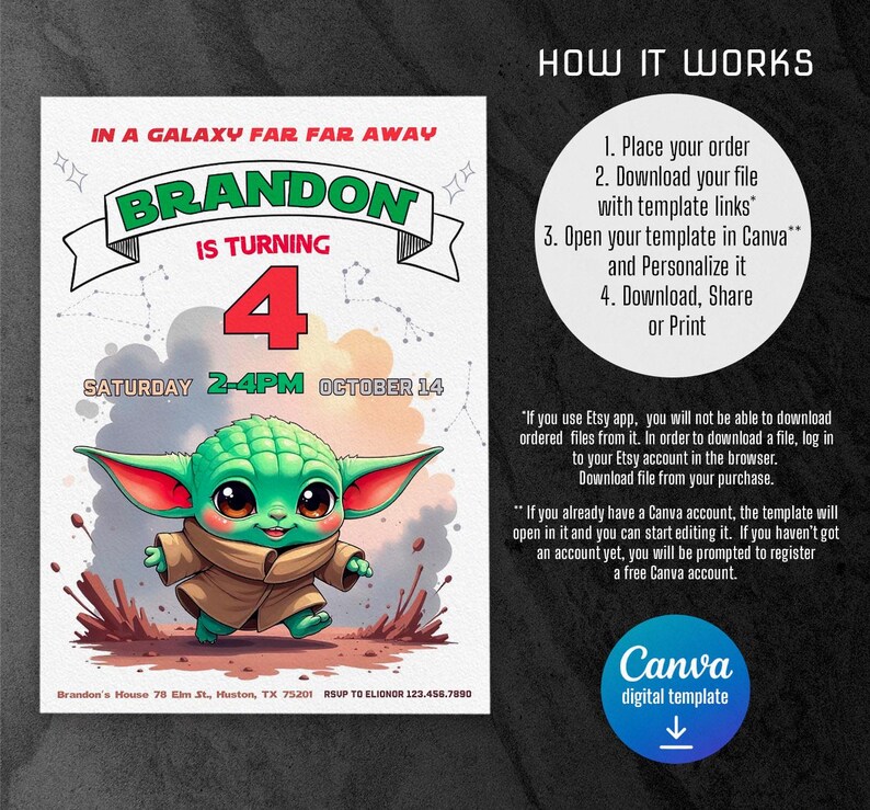 Baby yoda Birthday Invitation, Star wars invite, printable grogu invitation, printed invitation, editable Birthday Invite template image 7