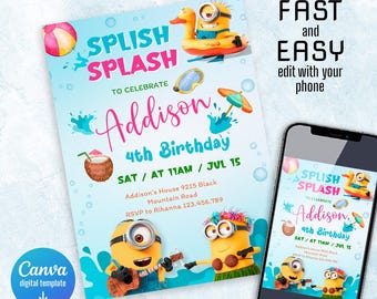 Minions Pool Party Invitation, Splish Splash to Celebrate Invite, Duck Float Coconut Summer Kids Party Template