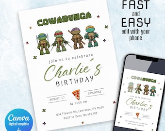 Ninja Turtles Birthday Invitation, Cowabunga Let's Shell-ebrate Dudes Invite, Chalkboard Pizza Boy Party Template