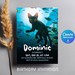 フロー映画の誕生日招待状、黒猫の招待状、印刷可能で編集可能な映画パーティーチケット招待状テンプレート、映画パーティー