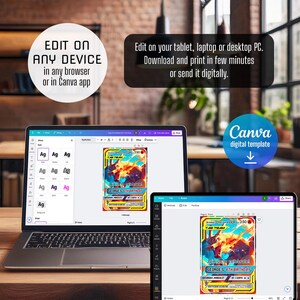May include: A laptop and tablet displaying a digital template for a birthday card. The card features a colorful design with the text "GEORGE'S 6TH BIRTHDAY". The image also includes text that says "Edit on any device" and "Canva digital template".