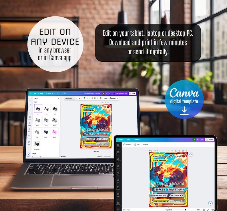 May include: A laptop and tablet displaying a digital template for a birthday card. The card features a colorful design with the text "GEORGE'S 6TH BIRTHDAY". The image also includes text that says "Edit on any device" and "Canva digital template".