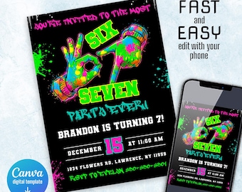 Six Seven Party birthday invitation, printable six seven invite, editable 6 7 meme Party template, digital template, girl boy birthday