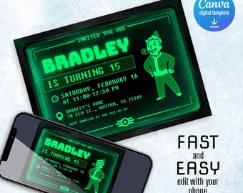 Fallout birthday invitation, printable invitation, party invite template, editable invitation, boy girl birthday, Fallout Game