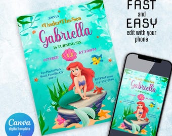 Princess Ariel Birthday invitation, Girl editable invite template, little mermaid printable invitation, under sea party, instant download